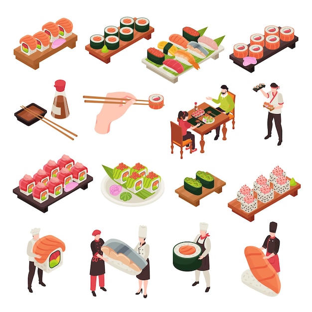 Isometrische sushi icon set rollen van verschillende grootte en samenvattingen verpakt in nori en vis vectorillustratie