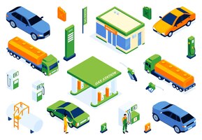 Isometrische tankstation kleurset met geïsoleerde iconen van auto's en tankwagens met benzine stands vector illustratie