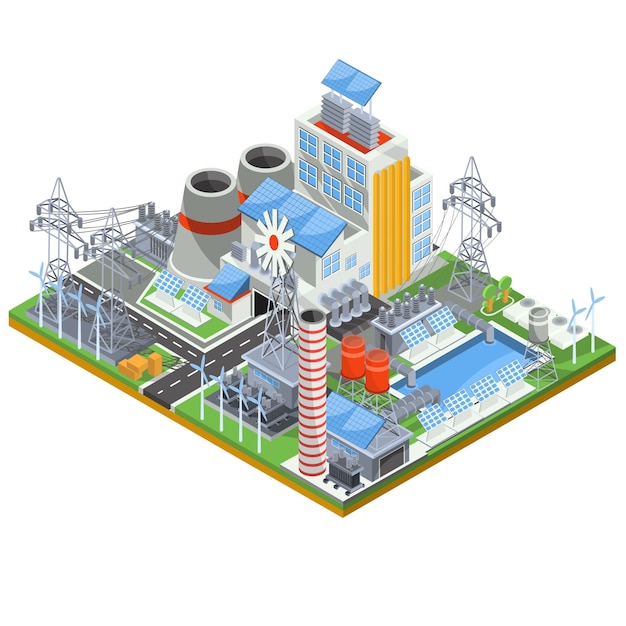 Isometrische vectorillustratie van een thermische warmtekrachtcentrale die rijdt op alternatieve energiebronnen.