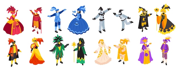 Gratis vector isometrische venetiaanse kostuums carnaval pictogrammenset met geïsoleerde menselijke karakters die verschillende kleurrijke pakken met maskers vectorillustratie dragen