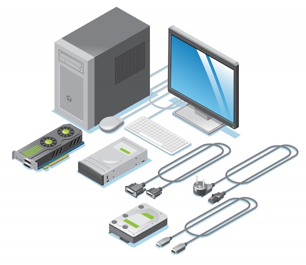 Isometrische verzameling computeronderdelen met monitor videokaart drives kabel draden toetsenbord muis systeemeenheid geïsoleerd