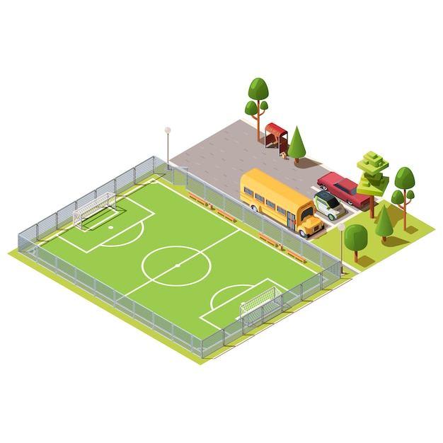 Isometrische voetbalveld in de buurt van parkeerplaats