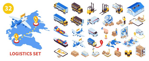 Isometrische vrachtlogistiek set met geïsoleerde iconen van voertuigen percelen locatie pins bestemming borden en routes vector illustratie