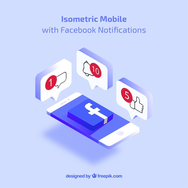 Gratis vector isometrische weergave van mobiele telefoon met facebookmeldingen