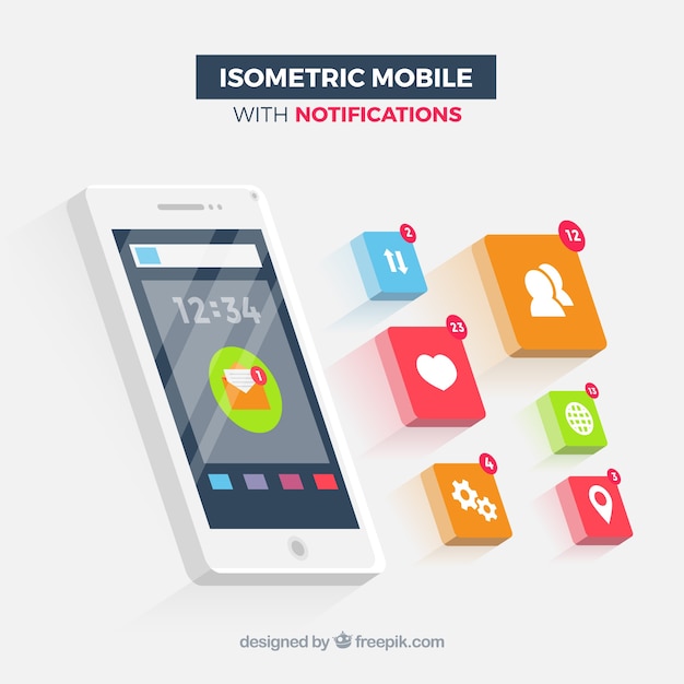 Gratis vector isometrische weergave van mobiele telefoon met instagram post