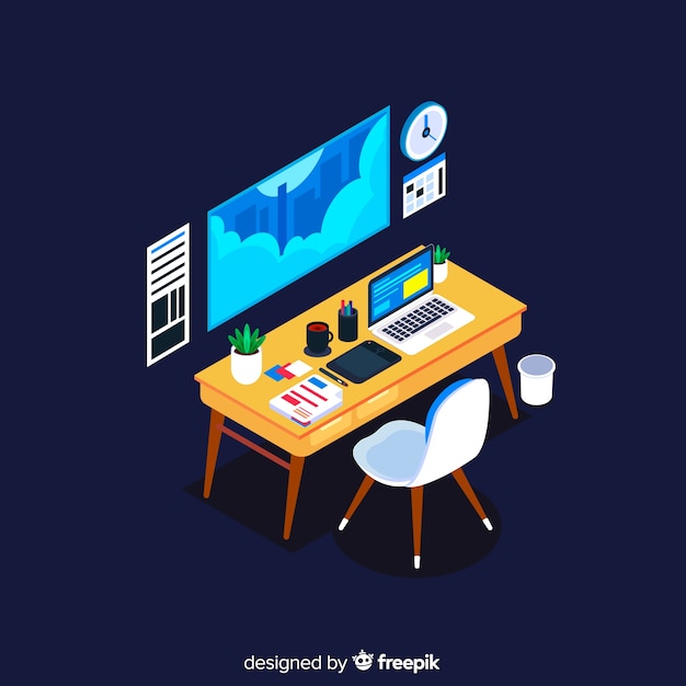 Gratis vector isometrische weergave van moderne kantoor bureau met platte ontwerp