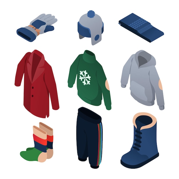 Gratis vector isometrische winterkleding en essentials collectie