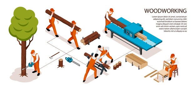 Isometrische zagerij houtbewerking horizontale infographics met bewerkbare tekst en stroomdiagramsamenstelling van werknemers tijdens het werkproces