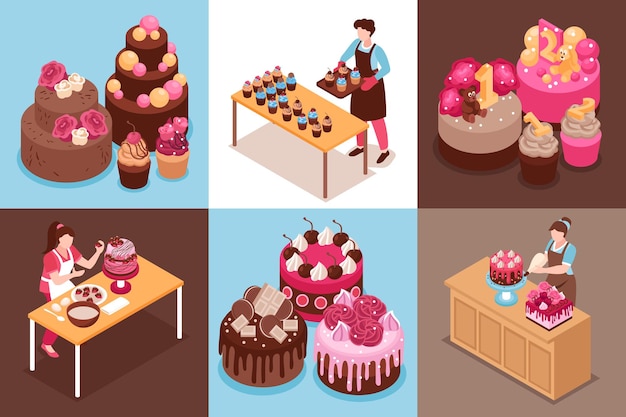 Gratis vector isometrische zelfgemaakte taartencomposities met moderne bruiloft en voor kinderen taarten en cupcakes