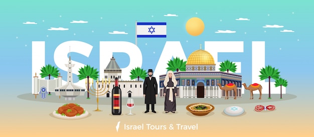 Israël reizen concept met reizen en vakanties symbolen vlakke afbeelding