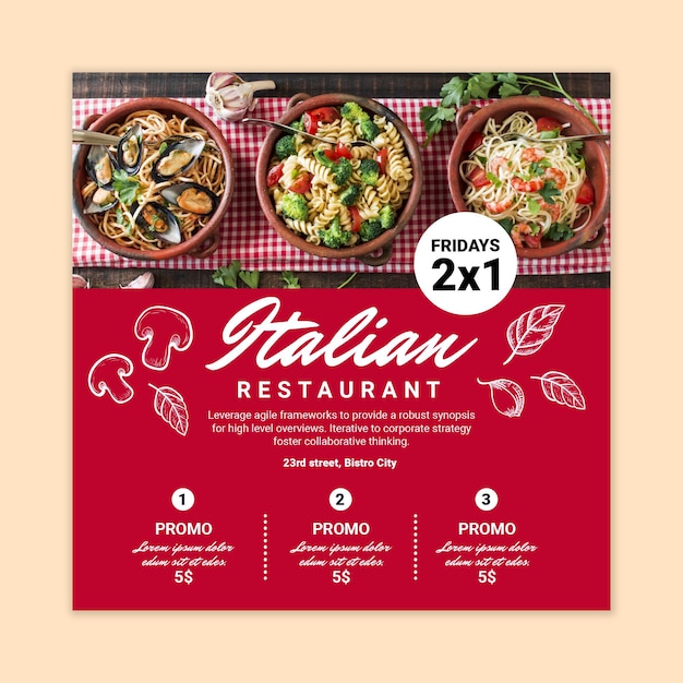 Gratis vector italiaans eten kwadraat flyer-sjabloon