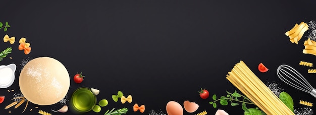 Italiaans eten met pasta realistische samenstelling van donkere achtergrond en geïsoleerde iconen van spaghetti en groen vector illustratie