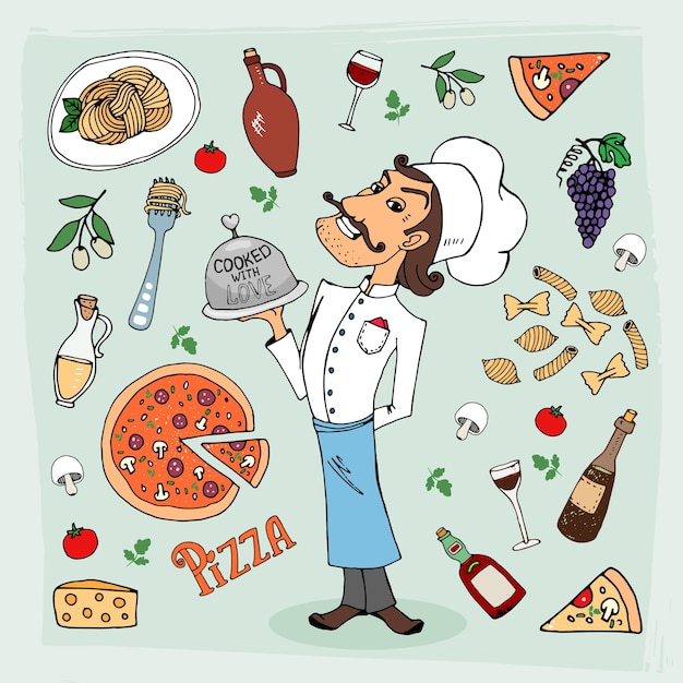 Italiaanse keuken en voedsel met de hand getekende illustratie