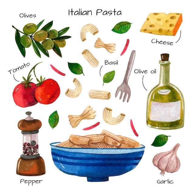 Gratis vector italiaanse pasta en ingrediënten aquarel recept