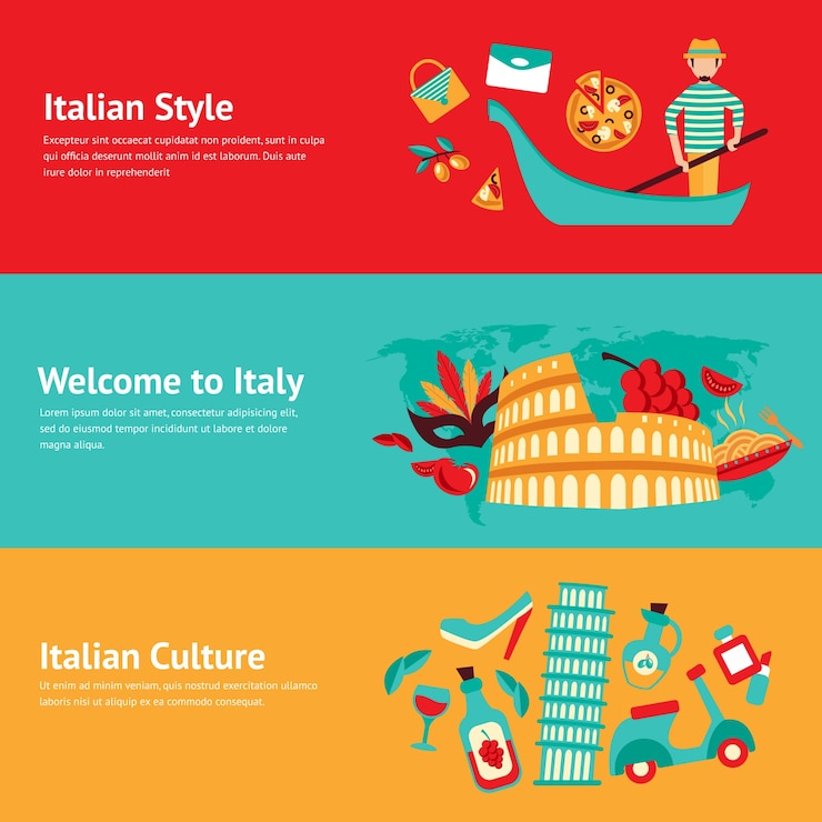 Gratis Vector italië banner set met italiaanse stijl cultuur geïsoleerde vector illustratie