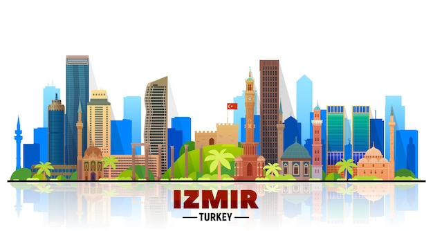 Gratis vector izmir turkije skyline van de stad vector op witte achtergrond platte vectorillustratie zakelijke reizen en toerisme concept met moderne gebouwen afbeelding voor banner of website