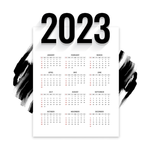 Gratis vector jaarkalender 2023 in zwarte aquarelstijl