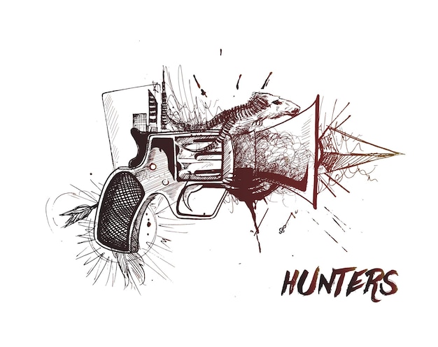 Gratis vector jagers conceptuele pistolen hand getrokken schets vectorillustratie