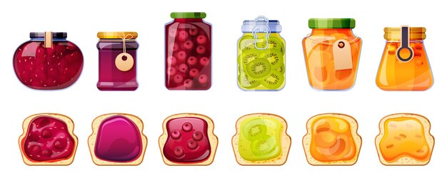 Gratis vector jampotjes en brood toast glazen bakjes met fruitgelei van perzik, abrikoos, duindoorn, kers en kiwi of aardbei kleurrijke gelatine-marmelade in pakjes bewaren buizen cartoon set