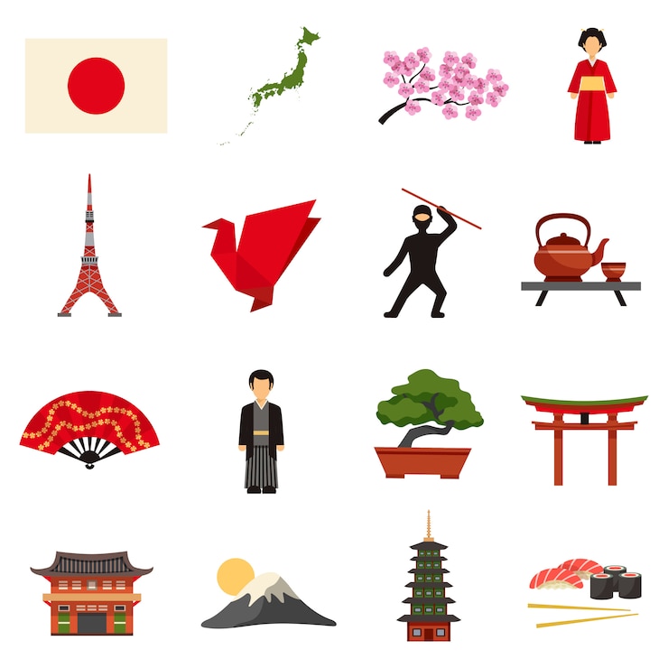 Gratis Vector japan cultuur vlakke pictogrammen instellen