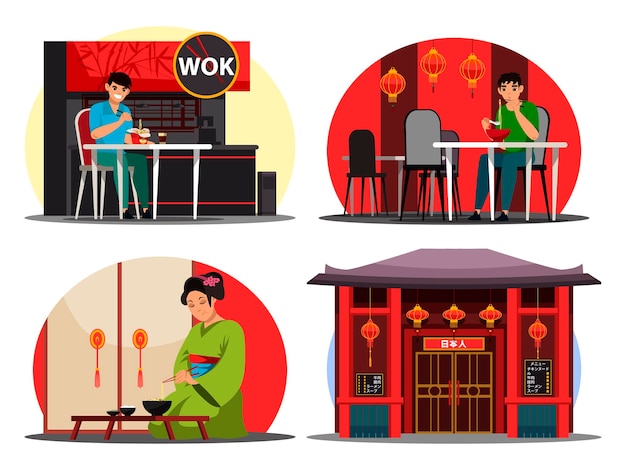 Gratis vector japans restaurant set man eet noedels uit doos of beker vrouw in kimono geniet van traditioneel aziatisch eten interieur design wok café sushi bar