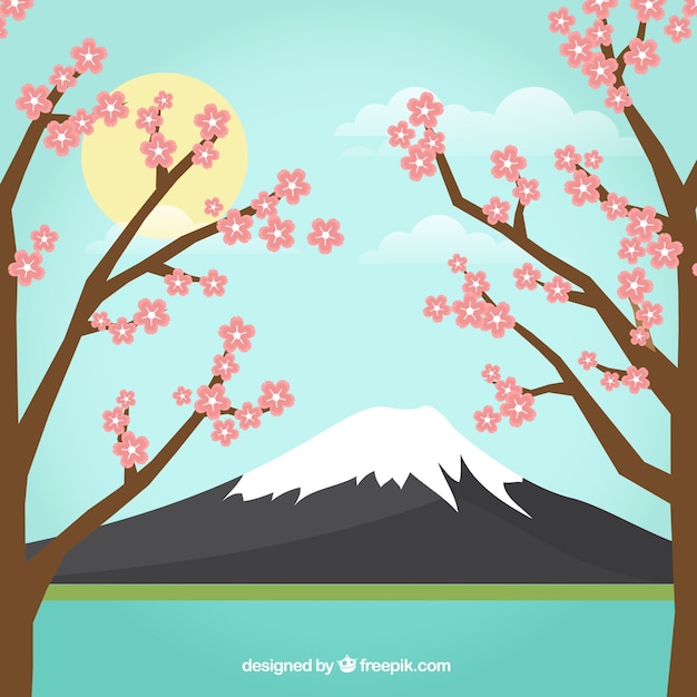 Gratis vector japanse landschap achtergrond met bomen