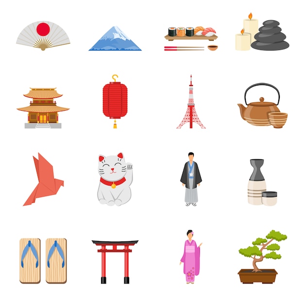 Japanse nationale symbolen vlakke pictogrammen instellen