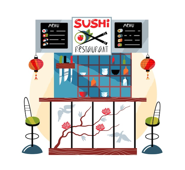 Japanse sushi restaurant teller achtergrond Aziatische traditionele keuken modern interieur met tegenkrukken menu lantaarns poster messen en bestek