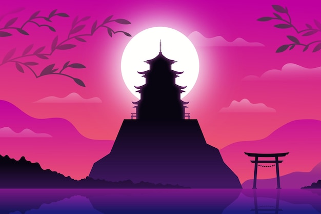 Gratis vector japanse tempel op een heuvel