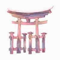 Gratis vector japanse torii-poort die door waterverf wordt geschilderd