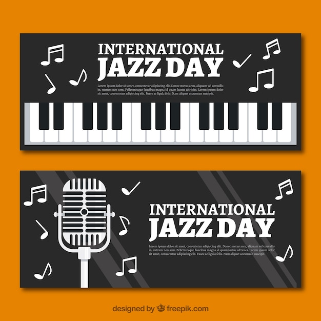 Gratis vector jazz banners met microfoon en piano