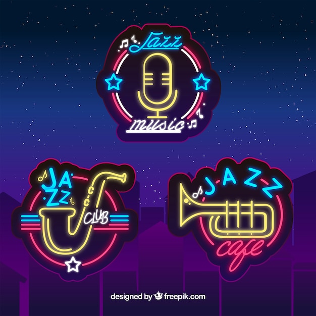 Gratis vector jazz-logo collectie met neonlichten stijl