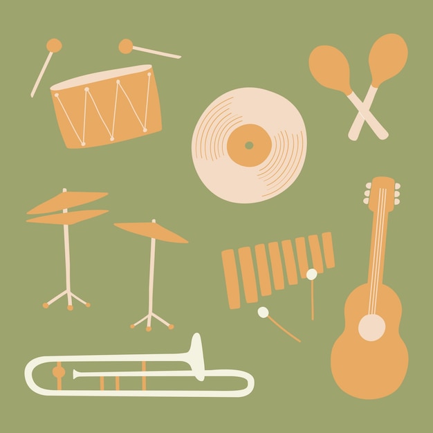 Jazz muziekinstrumenten sticker, retro design, entertainment afbeelding in pastel vector collectie