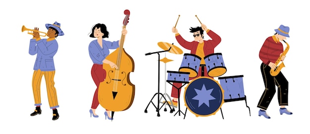 Gratis vector jazzband-vibeartiesten die muziek uitvoeren op het podium