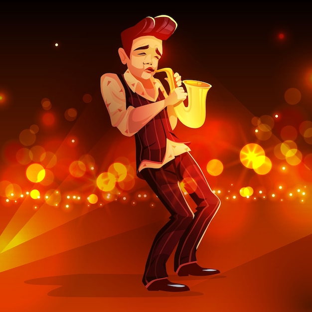 Jazzman met saxofoonillustratie. Man jazzmuziek in retro pak en shirt met saxofoon spelen