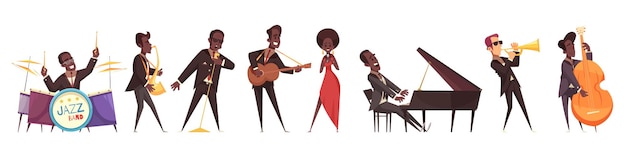 Jazzmuzikanten set geïsoleerde cartoon stijl menselijke personages van mensen die verschillende muziekinstrumenten spelen