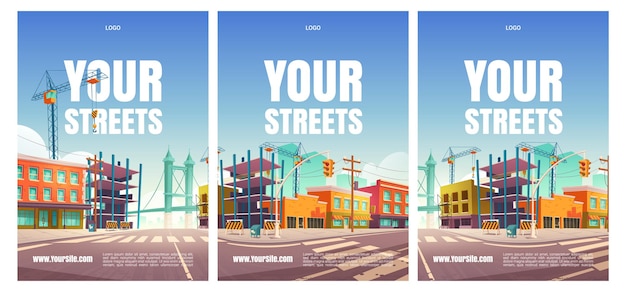 Gratis vector je straatposters met gebouwen in aanbouw