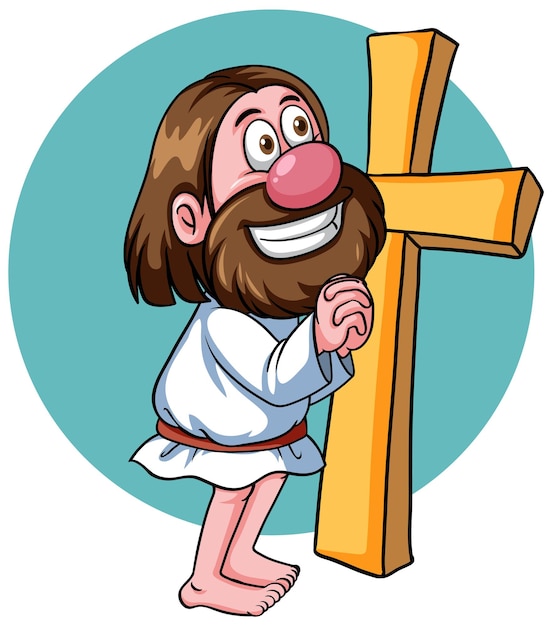 Gratis vector jezus christus catoon karakter met kruis op witte achtergrond