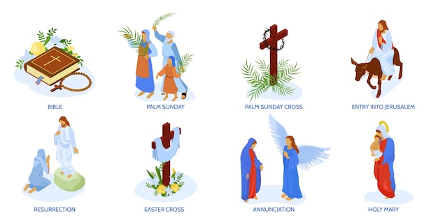 Gratis vector jezus christus leven maagd mary palm zondag heilige bijbel isometrische composities geplaatst geïsoleerde vectorillustratie