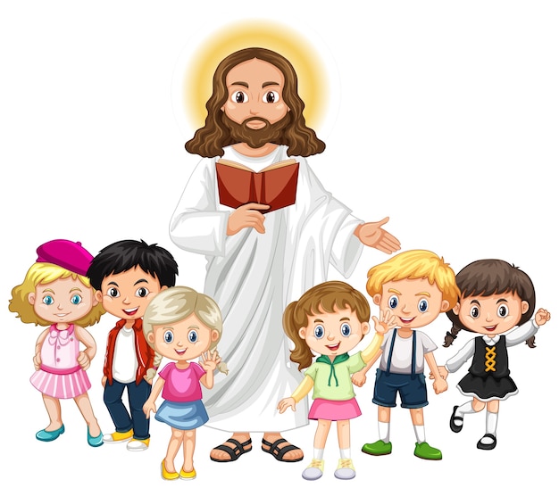 Gratis vector jezus predikt tot een stripfiguur van een kindergroep