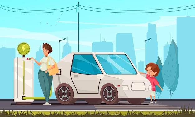 Jong gezin elektrische auto opladen met behulp van ecologisch milieuvriendelijke groene energie platte compositie stadsgezicht illustratie cityscape
