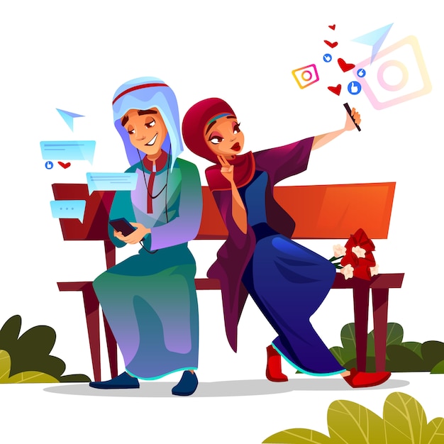 Gratis vector jong koppel dating illustratie van saoedi-arabische tiener jongen en meisje in hijab en khaliji