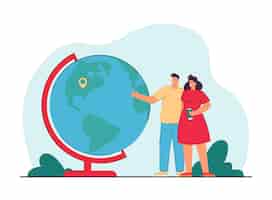 Gratis vector jong koppel staande naast wereldbol met locatie pin. man en vrouw kiezen vakantieplek vlakke afbeelding