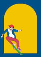 Gratis vector jong skateboarderkarakter op tweekleurige achtergrondvector