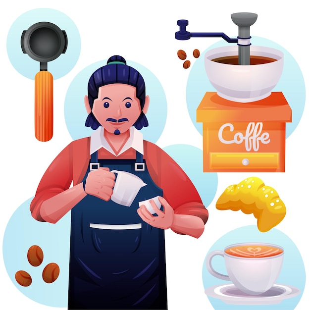 Gratis vector jonge barista-man met professionele apparatuur maakt koffie in cartoonvector