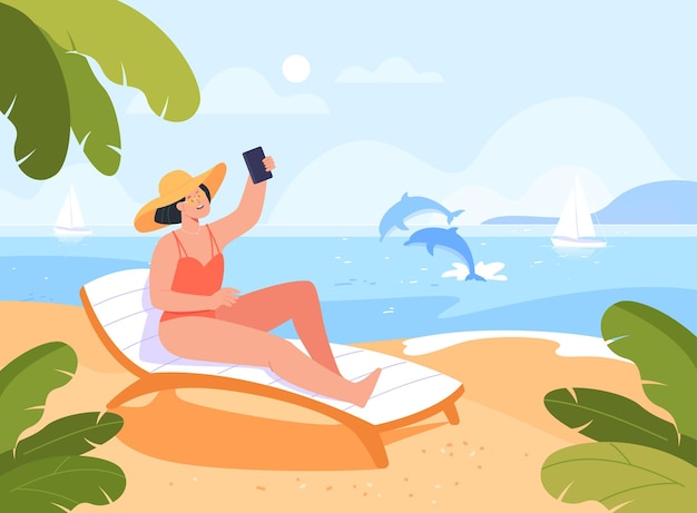 Jonge cartoon vrouw zonnebaden en selfie te nemen op het strand. mooi meisje nemen foto met mobiele telefoon op zee platte vectorillustratie. zomer, vakantie, seizoenenconcept voor banner of bestemmingspagina