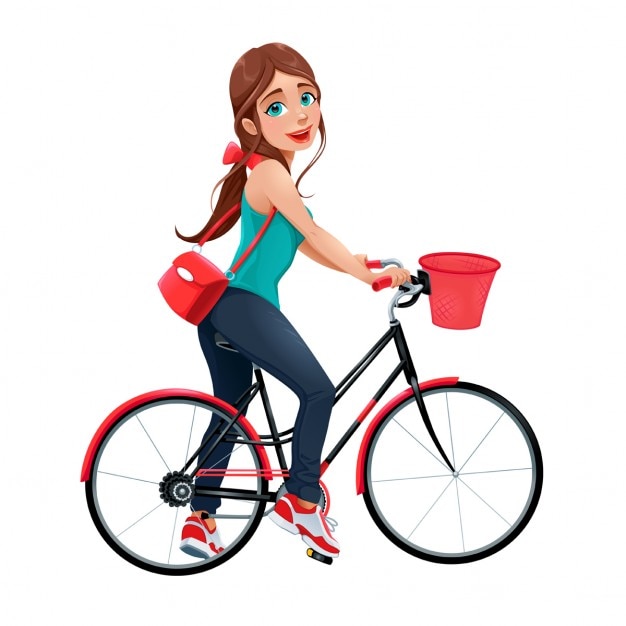 Gratis Vector jonge glimlachende vrouw op een fiets geïsoleerd vector stripfiguur