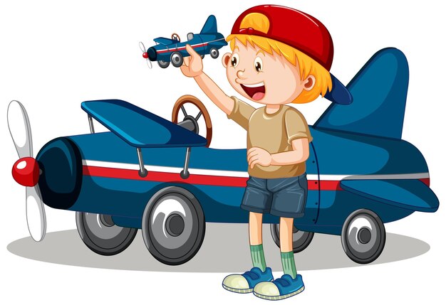 Jonge jongen speelt met vliegtuigspeelgoed dat voor het vliegtuig staat
