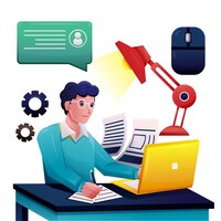 Gratis vector jonge man aan het werk op laptop computer cartoon vector