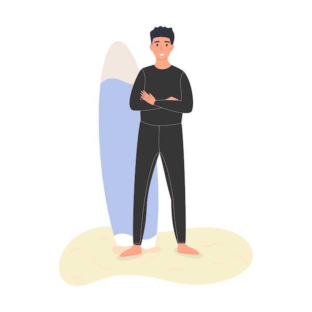 Gratis vector jonge man die op het strand staat met een surfplank vector illustratie